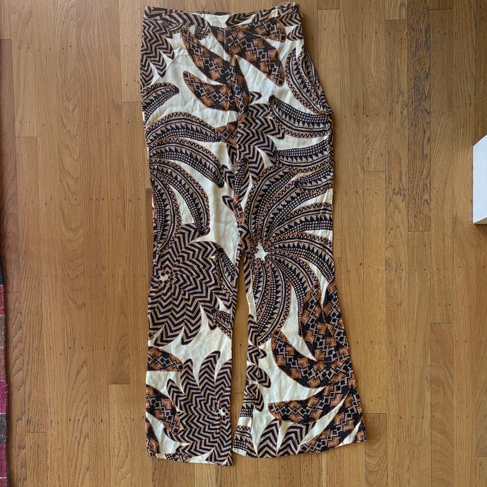 Farm Rio Silky Cream & Brown Tropical Patterned Flare-Leg Pants